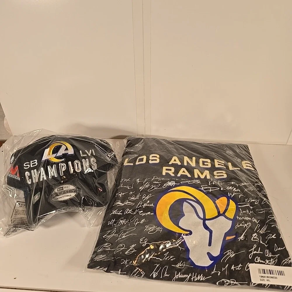 Super Bowl LVI Champions Rams Signed 4XL T-Shirt‎ and New Era Hat